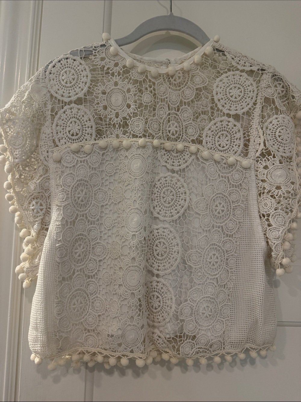 Tularosa Ivory Crochet Pom-Pom Lace Blouse